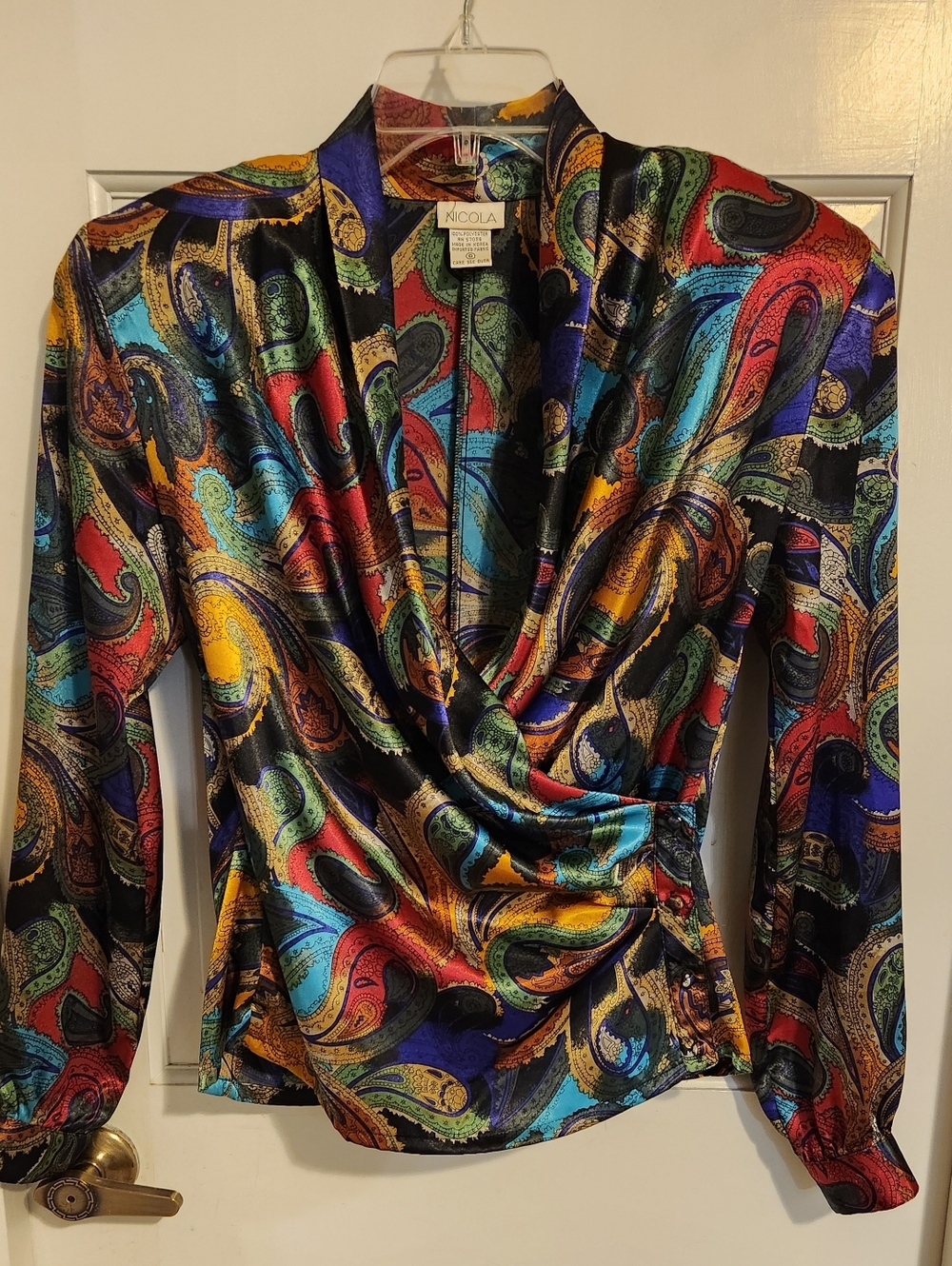NICOLA Multicolor Paisley Satin Wrap-Style Blouse with Black Base, Size 6